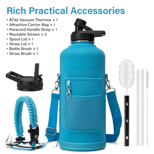 Insulated Water Bottle | Thickened Stainless Steel for Gym and Hiking with Straw, Carrier Bag, Handle Strap | BPA-Free 87 oz