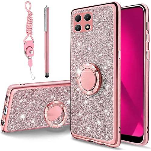 B-wishy for T-MOBILE Revvl 7 5G Case for Women,Glitter Crystal Butterfly Heart Floral Slim TPU Luxury Bling Cute Protective Cover with Kickstand+Strap for Revvl 7 5G(Glitter Pink)
