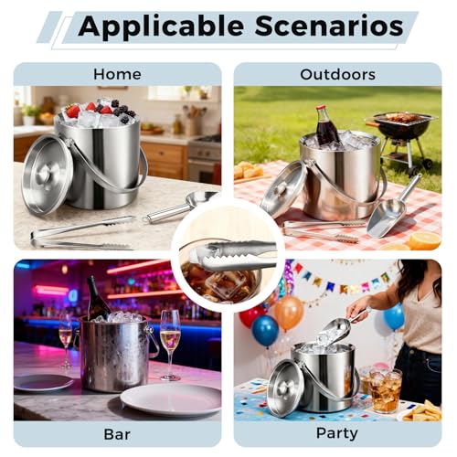 1.6L Double Walled Stainless Steel Ice Bucket with Lid and Tongs, Ices Scoop, for Home Bar, Restaurant, BBQ, Clubs and Picnics, Ice Buckets for Parties - Image 5