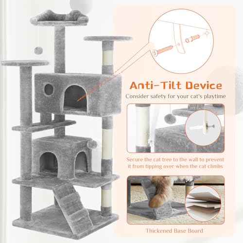 Image of Sweetcrispy 54-Inch Cat Tree Tower - Multi-Level with Sisal Scratching Post, Perfect Pet Gift, Indoor Condo with Climbing Ladder, Plush Toy, and More Animal Stuff, Light Grey
