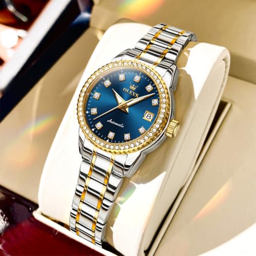 Image of OLEVS Women's Automatic Watch Luxury Mechanical Stainless Steel Two Tone Waterproof Self Winding Dress Small Ladies with Date Diamond Elegant Casual Business Wristwatch Gold /Blue /Black /White