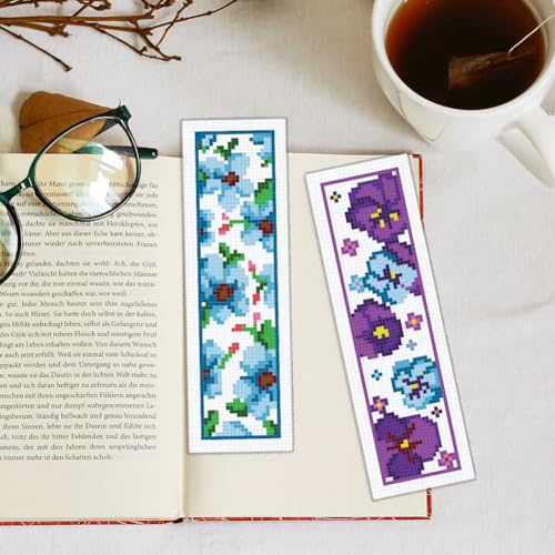 Image of INFUNLY 6pcs Red Rose Cross Stitch Bookmark Kits DIY Sunflower Peach Blossom Embroidery Bookmark Kits for Beginners with Instruction Blue Flower Bookmark Making Kit for Book Lovers Readers Women Gifts