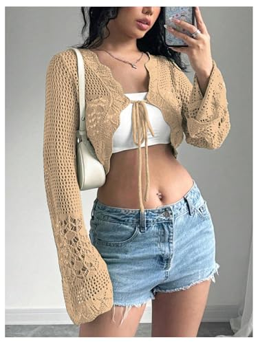 Image of OYOANGLE Women's Crochet Tie Front Sweater Cardigans Bell Sleeve Knitted Cropped Bolero Shrug Cardigan