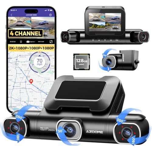 AZDOME 4 Canali 360° Dash Cam Auto con 128GB eMMC, 2.5K+1K×3 Telecamera per Auto con 5G WiFi,...