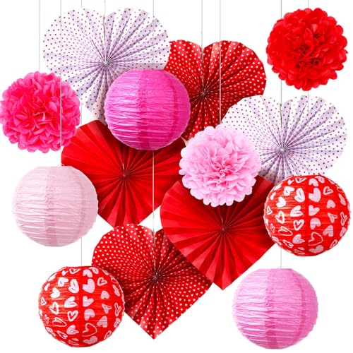 14 Pcs Valentine's Day Decoration Set Include Valentine's Day Hanging Paper Lanterns Tissue Pom Poms Decor Hanging Heart Paper Fan for Party Supplies