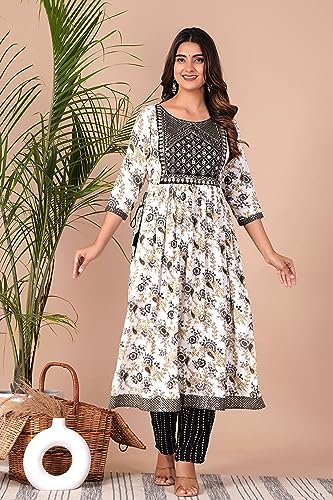 Image of MANHAREE | Women's Rayon Printed Embroidered Anarkali Kurta with Pant & Dupatta Set