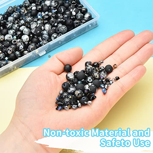 Image of Glass Beads for Jewelry Making Adults, Black Bracelet Beads Set, 900pcs Including 8mm Assorted Round Beads, 4mm Bicone Crystal Beads, 2-4mm Spacer Seed Beads for Phone Charm, Earring, Necklace