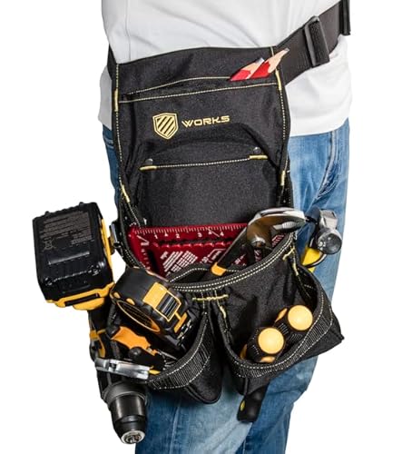 Works Heavy Duty 5 Pocket Single Side Carpenter Tool Belt Pouch/Work Apron With Metal Tape Measure Clip And Hammer Loop | Adjustable Belt For Custom Fit | Black #TOP6