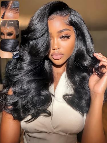 Image of KLAIYI Pre Everything Glueless Layer Side Part Loose Body Wave 13x4 Lace Front Wigs Human Hair Drawstring Curtain Bangs Face framing Pre Bleached Knots Pre Plucked 3S Ready to Put On and Go Wig 26Inch