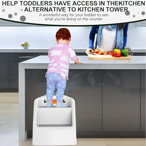 مقعد قابل للطي للاطفال الصغار من يو هوم، للمطبخ والحمام وحوض المرحاض، مقعد تدريب على استخدام النونية، ارتفاع مزدوج 11 انش، مقعد بلاستيكي مساعد للمطبخ مع مقابض، مقعد قدم للحضانة (ابيض 1)