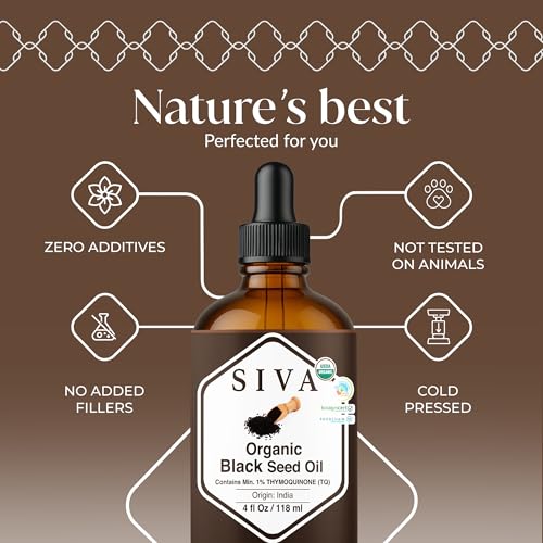 Image of SIVA ORGANICS Black Seed Carrier Oil with Dropper, 4 Fl Oz (118 ml) | Organic Black Seed Oil for Hair Care, Hair Oiling, Scalp Massage, Skin Care, Body Massage & DIY Recipes in Glass Bottle