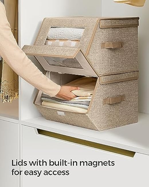 SONGMICS Stackable Storage Bins Set of 2, Storage Boxes with Lids and Front Windows, Non-Woven Fabric Closet Organizers with Magnetic Closures, Side Handles, Sand Beige URLB002Y01