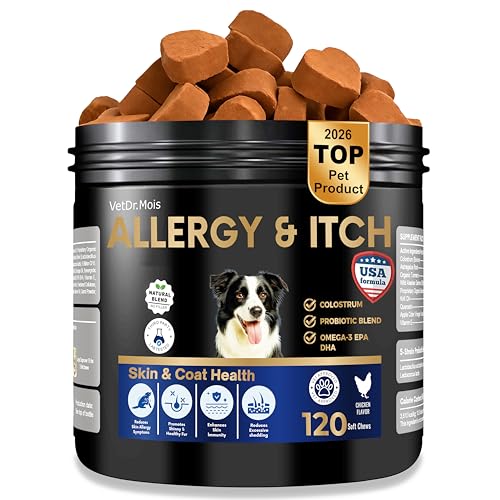 Dog Cat Allergy Itch Relief Chews-Support Paw Licking Treatment, Itchy Skin, Hot Spot & Dry Skin, Skin and Coat Seasonal Allergies, Yeast Balance with Fish Oil, Colostrum, Vitamins & Probiotics-120 Ct