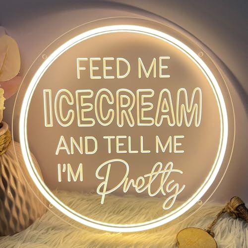 Image of Neon Sign Feed Me Icecream & Tell Me I'm Pretty Wall Decor 3D Art Carving Design Indoor Bedroom Led Neon Sign Backdrop Flex Christmas Business Room Shop Window Birthday Gift(Warm White,USB,30x30CM)