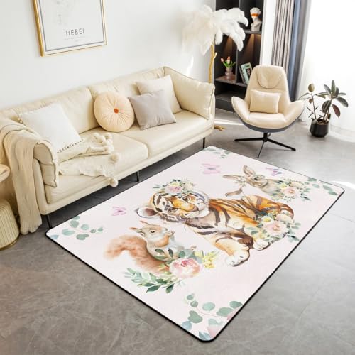 Homewish Alfombra de conejo de tigre, alfombra de área de animales de zoológico de dibujos animados de 150 x 200 pulgadas, para dormitorio, sala de estar, sala de juegos, alfombra antideslizante para