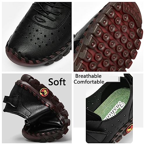 Image of Women'S Hollow Leather Lace Up Flat Loafers,Lightweight Breathable Casual Comfort Non-Slip Walking Shoes Handmade Beef Tendon Soft Sole Mom Nurse Shoes