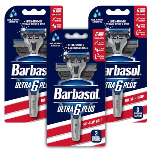 Image of Barbasol Ultra 6 Plus Disposable Razor Value Pack (3 Packs /9 Total Razors) | Premium 6-Blade Disposable Razors, Close Shave Technology, UltraTrimmer 7th Blade, Pivoting Head, Razor Bundle