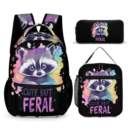 Cute But Feral Raccoon Printed Backpack with Lunch Box Bag Pencil Case Pouch 3pcs Daypack Set for Women Men