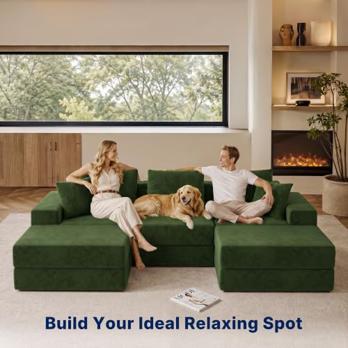Image of Living&Giving 101 inch U-Shaped Cloud Sectional Couch for Living Room, Cloud Boneless Couch-No Assembly with Reversible Chaise, Customizable 3-Seat Modular Sectional Sofa with 2 Ottoman, Green