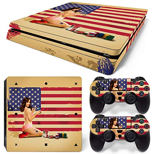 ZOOMHITSKINS PS4 Slim Skins, Sexy Girl America Woman USA Vintage Flag Red Blue Classic Old, High Quality, Durable, Bubble-free Goo-free,Cover Set of 2 Controller Skins 1 Console Skin, Made in USA