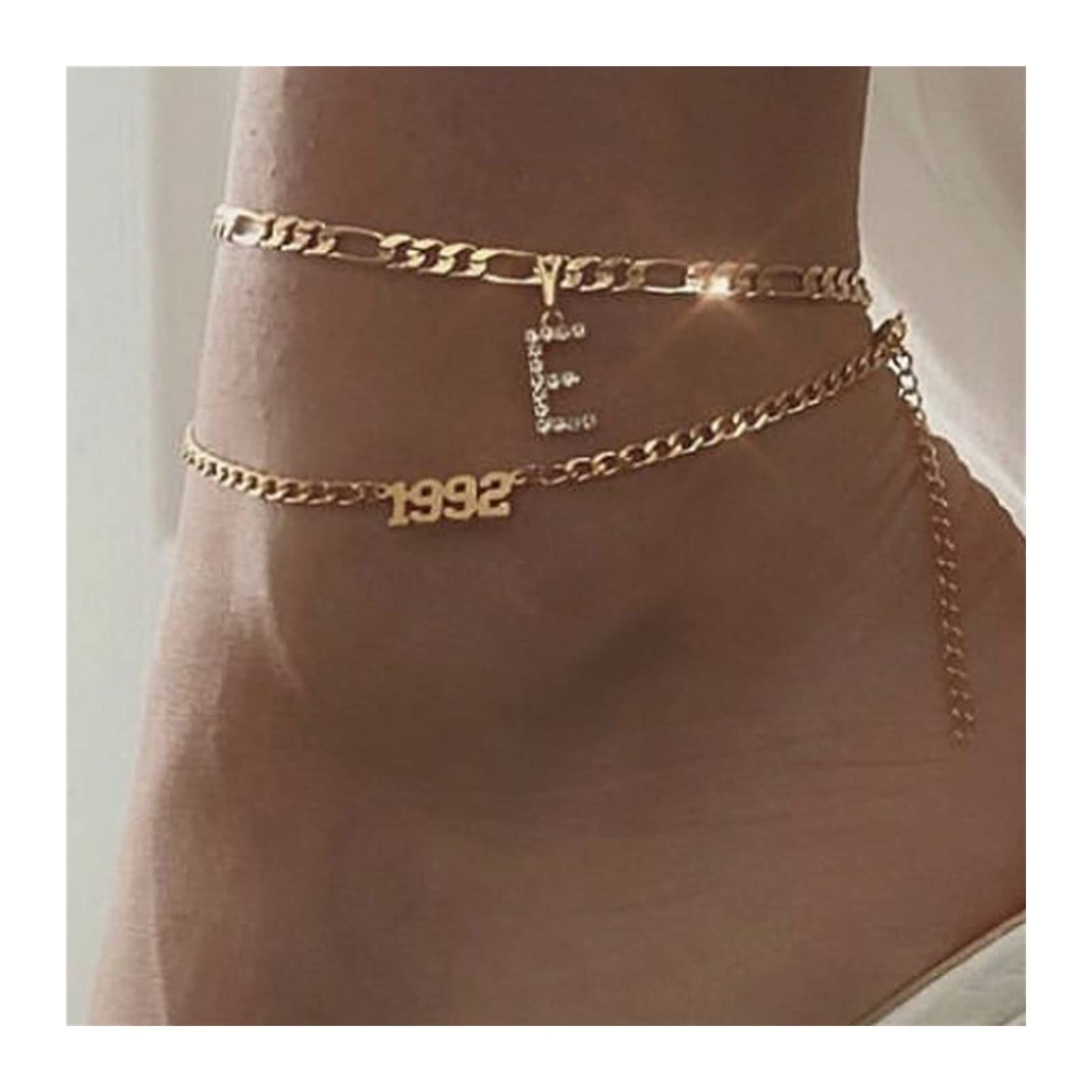 Fußkettchen/Fußkettchen 2 Teile/Satz Frauen Strass E Brief Design Kette Fußkettchen Armband Gold Farbe 1992 Worte Stil Barfuß Schmuck Zubehör Fußkettchen