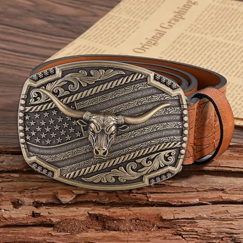 Image of HUABOLA CALYN Long Horn Bull Belt Buckles for Men Women American Flag Texas Star Belt Buckles