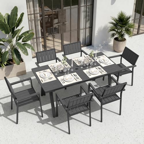 Ciokea Aluminum Outdoor Dining Sets for 6, Patio Table and Stackable Chairs Set with Umbrella Hole, All-Weather HDPS Durable Furniture for Backyard, Poolside, Lawn & Garden | 7-Piece, Grey