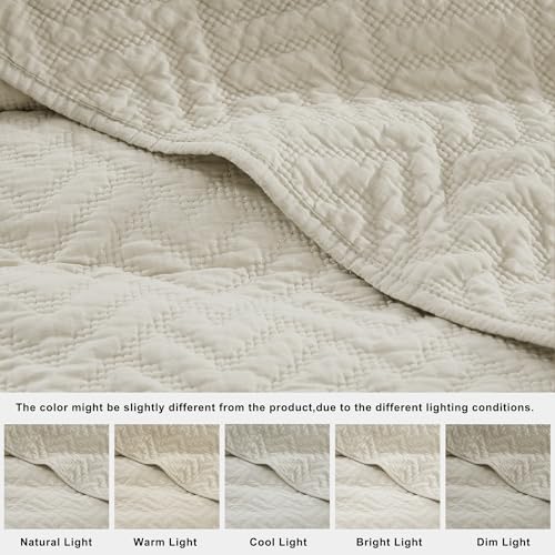 Image of palassio Beige 100% Cotton Quilt Queen Size Bedding Sets with 2 Pillow Shams, Lightweight Textured Farmhouse Country Bedspread Soft Shabby Chic Patterned Coverlet for All Season, 3 Pieces