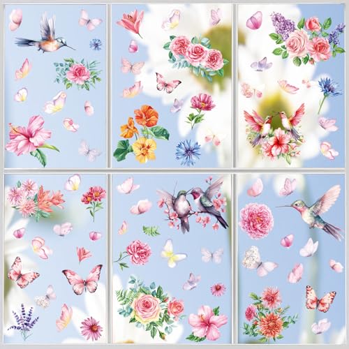 85PCS Spring Window Clings - Spring Window Clings for Glass Windows, Spring Flower Butterfly Stickers for Window Decals, Double-Sided Floral Flower Window Clings for Bird Strike Prevention (9 Sheets)