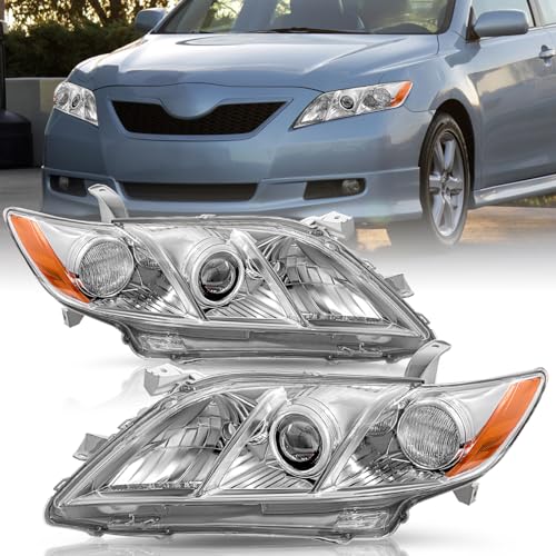 TUSDAR Headlight Assembly Fits For 2007 2008 2009 Toyota Camry Driver and Passenger Side (Chrome Housing with Amber Reflector)