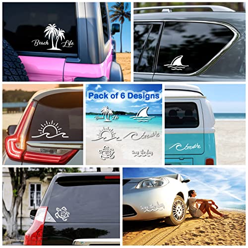 6Pcs Beach Car Accessories Vinyl Stickers Pack, Ocean Theme Decals Set Gifts For Vehicles Car Window Cruise Surfboard Water Bottles, Palm Trees, Sunset, Sea Wave, Shark, Turtles Automotive Decor Stuff #TOP1
