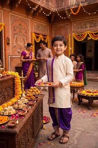 Image of Boys Dhoti Kurta Set Sherwani Style for Kids | Ethnic Traditional Kids Wear with Patiala Dhoti & Dupatta | Wedding Dress for Boys | Indian Cultural Outfit for Puja Festival Party