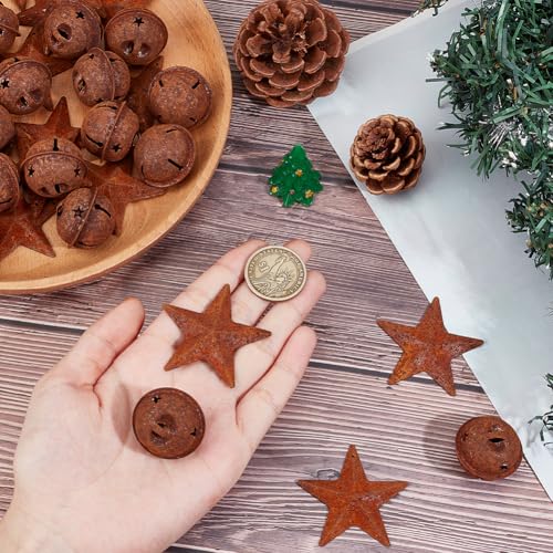 CREATCABIN 20 Pcs Rusty Metal Jingle Bells Vintage Rusty Bells 20 Pcs Rustic Metal Star Retro Tree Supplies Kit Crafts for Christmas Tree Wreath Holiday Home House Room Decoration 1.85x1.85 Inch - Image 3