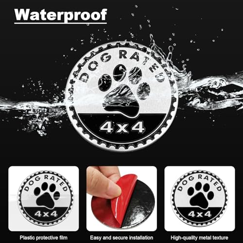 Image of Dog Badge Rated Car Emblem, 4 x 4 Metal Automotive Badge Decal Stickers, 3D Round Badges Emblem Decals, Exterior Car Accessories Compatible with Wrangler Vehicle Truck SUV