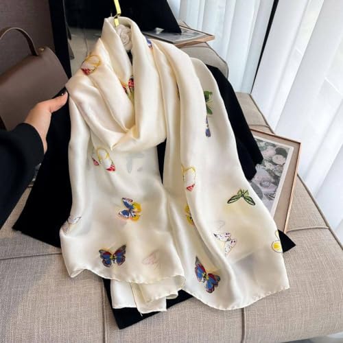 70x35inch Women Silk Feeling Head Hair Satin Scarf Wrapping Long Summer Fashion Lightweight Shawl Travel Beach Airplane (BB beige butterfly)3