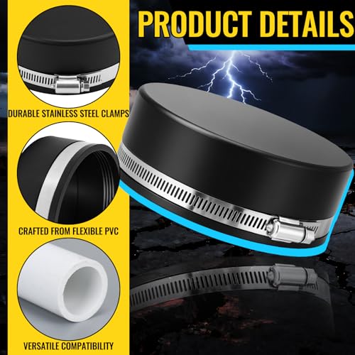 Image of 6 Pack 5 Inch Flexible PVC Pipe Cap with Stainless Steel Clamps - Black Durable End Caps for Drainage, Wastewater & Vent Pipes, Above /below Ground Use