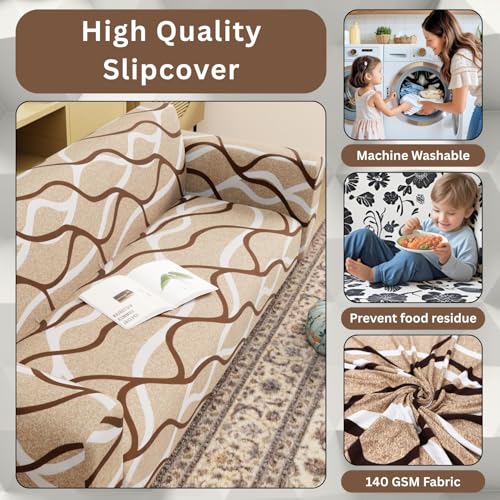 Image of Lukzer 1 Seater Sofa Cover - Beige Lining | 360 Fully Covered Anti-Slip Washable Couch Cover Protecter | 140 GSM Stretch Fit Polyester + Spandex Slipcover (90-140cm /SC-021-01)
