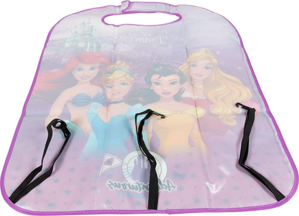 Protector de Asiento Coche Universal | Disney Princesas | Fácil de Fijar con Velcro | Gráficos de Ariel y Bella | PVC Lavable | Niños, Rosa, Cloruro de Polivinilo