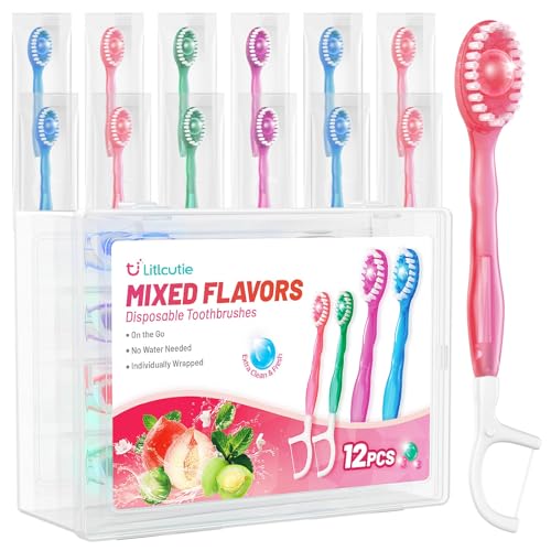 Litlcutie 12 Pack 5 in 1 Disposable Mini Toothbrushes with Toothpaste, Floss, Pick & Tongue Scraper,...