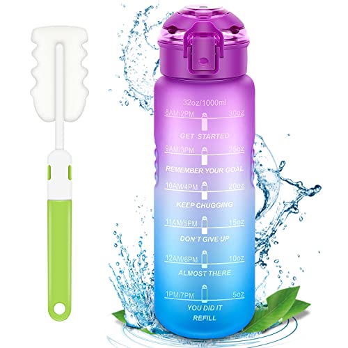 Umriox Sport Wasserflasche 1L, Trinkflasche mit Zeitmarkierungen, BPA-Frei, auslaufsichere Sportflasche/ Fahrradflasche für Outdoor, Camping, Wandern, Yoga, Gym, Fitness, Schule(Lila-Blau) Cover