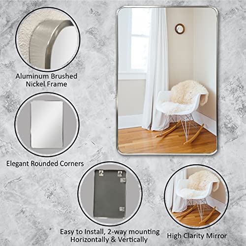 Mirrors And More 24” X 36” Bathroom Mirror For Wall - Wall Mounted Rectangular Bedroom Mirror - Aluminum Brushed Nickel Metal Frame Decorative Mirror - Makeup Mirror With Rounded Corner - Modern Décor #TOP4