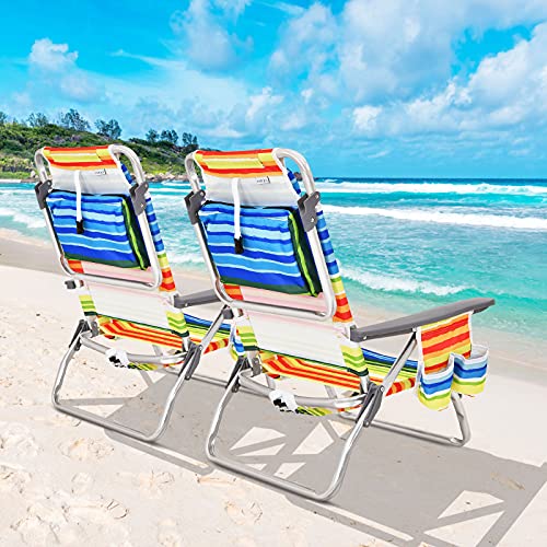 Image of Giantex Folding Beach Chair, Patio Sling Chairs with 5 Adjustable Position, Head Pillow, Storage Bag, Towel Bar, Cup Holders, Backpack Chairs for Sunbathing, Camping Chair