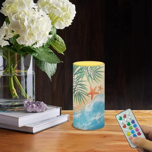 Image of Poceacles Beach Starfish Palm Tree Flickering Flameless LED Battery Candles Pillar Candles Tealight with 18-Key Timer Remote with Colorful Light Safe for Indoor Outdoor Home Coastal Decoration