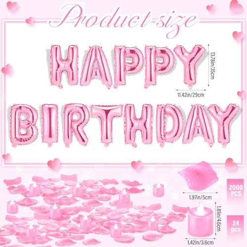 Image of Pink Happy Birthday Balloons Decorations Happy Birthday Letter Balloons Banner Set with 24pcs Round Flameless LED Candles and 2000pcs Artificial Rose Petals for Women Men Room Party Decor