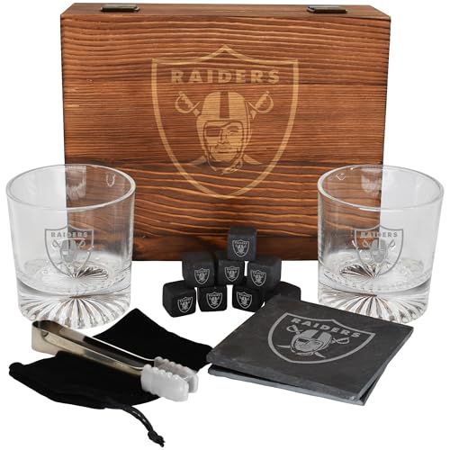The Memory Company Licensed NFL Wood Boxed Drinkware Gift Set - Includes 2 Premium Rock Glasses Cooling Cubes Tongs and Coasters Las Vegas Raiders
