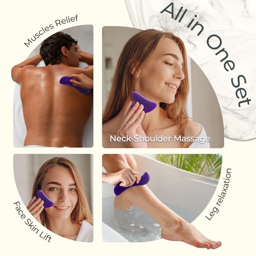Image of Scienlodic 2 Pcs Gua Sha Massage Tools for Face & Body (Purple, Resin) - Guasha Scraping Tool for Jawline Contouring, Puffiness Reduction, Neck, Shoulders, Arms & Calves Relaxation