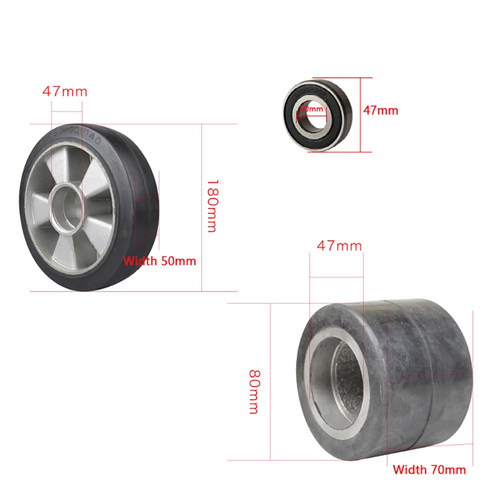 4X Ruota per Transpallet (Dia 80mm, Lunghezza 70mm) + 1 Coppia di Ruote Sterzanti (Dia 180 Mm, Larghezza 50 Mm) con Cuscinetti, Diametro del Foro 20mm, Anima in Alluminio, Battistrada in Gomma