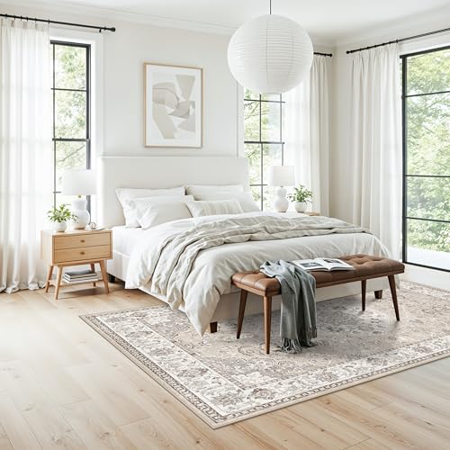 Image of Washable 5x8 Living Room Area Rug: Vintage Water-Resistant Soft Rug for Bedroom Dining Room Non Slip Apartment Low Pile Carpet Thin Floor Mat for Dorm Home Office Printed Beside Rug(5x8，Beige)