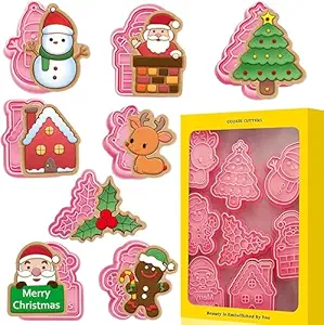 Set of 8) Christmas Cookie Cutters with Plunger Stamps Set, 3D Gingerbread Man,Snowman,Santa Claus,Christmas Tree,Reindeer,House,Merry Christmas,Cherry Holly Leaf Cookie Cutters
