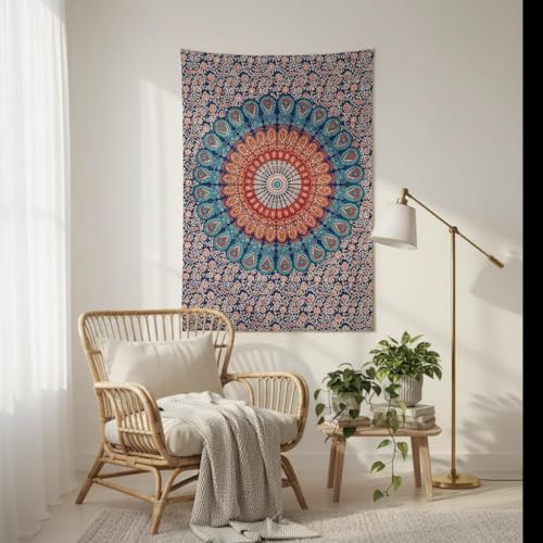FURNISHFUL FINESSE Handmade Cotton Peacock Mandala Tapestry - Boho Wall